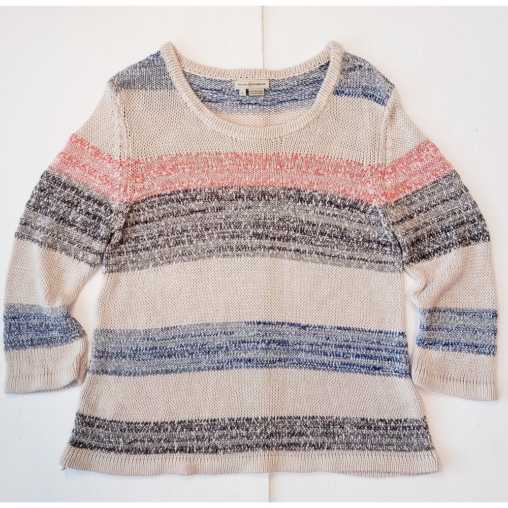 Royal Robbins Women's Large Sweater Loose Knit Linen Blend Striped Summer Casual